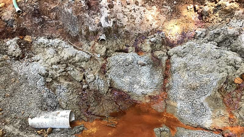Orange-stained water running from a timbered adit across a bed of rust-colored rock into a narrow mountain creek.