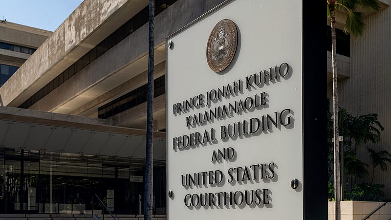 The stone facade of a federal courthouse with tall columns and a row of doors, photographed from the steps below.